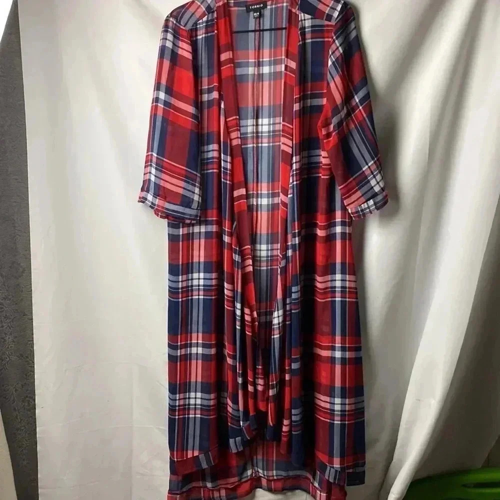 TORRID WO‎ SIZE 0/00 (10/12) LONG NAVY RED PLAID. SHEER OPEN FRONT DUSTER - Picture 2 of 10